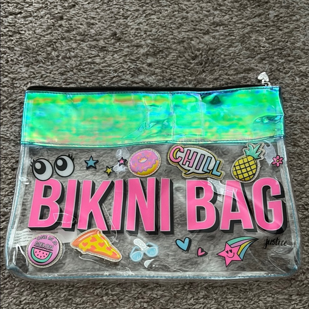 Justice Clear Bikini Bag with Pink Lettering